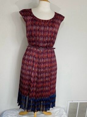 Halogen Women's Wine Blue Pleated Cap Sleeve Belted Midi Dress Size 10 Classic